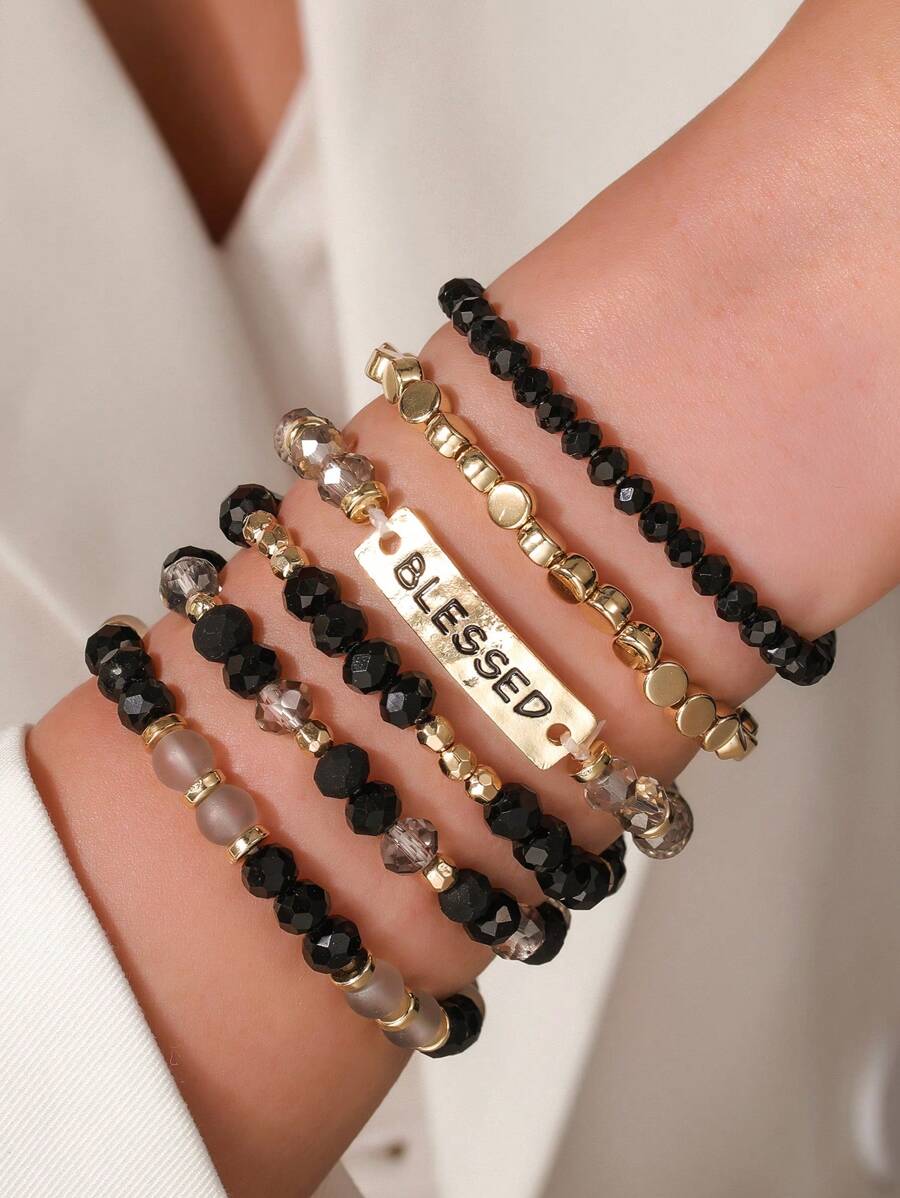 6 件/套波西米亚风亚克力字母串珠手链，多层弹性女式手链，适合节日、派对、日常佩戴和礼物 - 彩色 - 查看 1