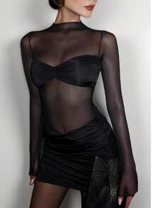 Sexy Round Neck Long Sleeve Mesh Pleated Bodycon Dress