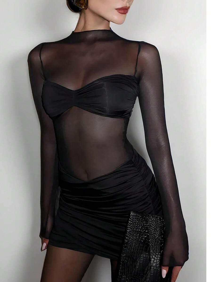 Sexy Round Neck Long Sleeve Mesh Pleated Bodycon Dress