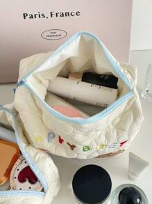 Cute Dog Embroidery Design Makeup Bag Zipper Pouch, Soft Fabric Cosmetic Bag, Girl's Energetic Toiletry Bag, Quilted Storage Bag For Home, Travel, Daily Use Travel Essentials Travel Accessories Travel Must Haves Holiday Essentials Holiday Travel Bag - Multicolor - View 3