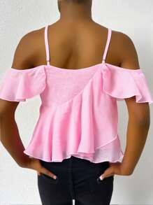 Cold Shoulder Ruffle Trim Cami Top - Pink - View 2