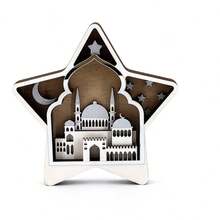 Letrero de mesa Eid Mubarak con forma de estrella rústica, placa de Ramadán tallada en madera, centro de mesa para el hogar - Plateado - Ver 6