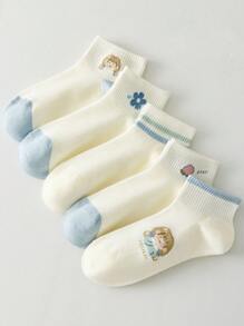 1/3/5 Pairs Of Women's Short Socks,Invisible Socks,White Socks,Black Socks,Grey Socks,Women Socks,Cute Socks,Girls Socks, Black Socks,Cartoon Details, Guide Rail Breathable Hole Design, Moisture Wicking, Soft And Smooth, Suitable For Various Holidays, Sports, Leisure, Business And Other Daily Wear, Can Be Worn All Year Round, Color Combinations Are Random. - Multicolor - View 5