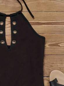 夏季新款欧美弧形黑色休闲度假时尚镂空挂脖T恤