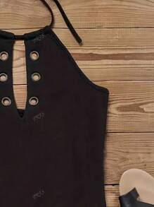 Summer New European & American Curved Black Casual Vacation Fashionable Hollow-Out Halter Neck T-Shirt