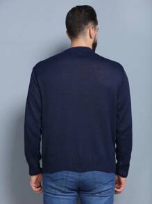 Suéter masculino de malha de cor sólida com gola redonda - Azul - Visão 6