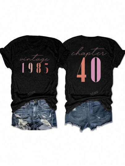 Camiseta feminina vintage de manga curta com estampa do Capítulo 40, modelo 1985, gola redonda casual, ideal para passeios de primavera e clubes.