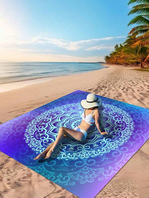 1pc New Bohemian Style Beach Blanket Lightweight Multi-Purpose Waterproof Sandproof Waves Of Tranquility Rug Purple And Blue Gradient Colour Mandala Pattern Outdoor Soft Material Picnic Blanket Beach Essentials