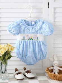 Baby Girl Cute Rabbit Embroidered Blue Plaid One-Piece Bodysuit - Blue and White - View 1