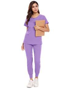 2 件/套哑光外科医生手术服、护士手术服套装（上衣*1 + 裤子*1）、女士工作服、护士装、诊所手术服、水疗医生护理手术服、牙科诊所服装、弹力速干 - 紫色 - 查看 7