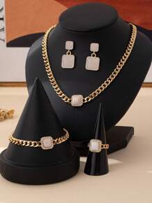 5pcs/Set Elegant Enamel Square Pendant Necklace, Bracelet, Ring And Earrings Set With Rhinestones For Women, Perfect For Daily Wear, Party, Festival And As A Gift For Women - 5 Pieces/set Necklace Bracelet Ring Earrings Set - View 12