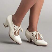 New Hollow High Heel Lace-Up Large Size Women's Pointed Toe Leather Shallow Casual Shoes - Dark Blue - View 5
