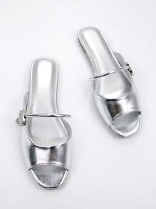 Women's Elegant Silver Color Crystal Buckle Strap Decor Silver Metal Fabric Fashion Square Toe Comfortable Flat Mules Sandals For Daily Wear And Party - Silver - View 1