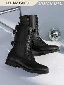 Women's Mid-Calf Combat Boots Round Toe Lace-Up Coin Pocket Outdoor Commuter Black Boots
