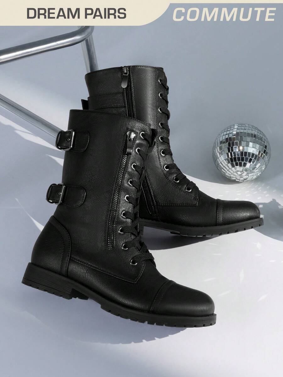 Women's Mid-Calf Combat Boots Round Toe Lace-Up Coin Pocket Outdoor Commuter Black Boots - 黑色 - 查看 1