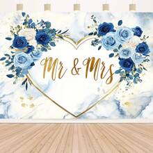 Biểu ngữ nền hoa Gentleman & Lady - Phông nền chụp ảnh Polyester đa năng, thích hợp cho đám cưới, tiệc cô dâu, kỷ niệm, v.v. - Họa tiết hoa xanh và trắng - 1 cái - Xem 2