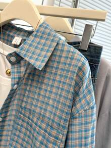 YUXIN 女士格子领纽扣前襟长袖落肩长衬衫，带口袋 - 桔藍色 - 查看 8
