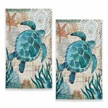 2pcs/Set Super Soft Sea Turtle Design Hand Towels, Made Of Superb Polyester Fabric, Woven Dish Towels, Hand Wash Only, Perfect For Modern Farmhouse Vacation Home Decor, Neighbor Gift, Cleaning Supplies, Kitchen Towels - Multicolor - View 3
