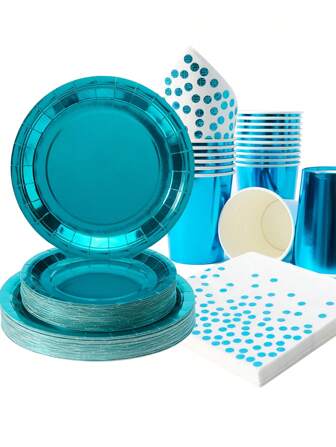孔雀蓝一次性派对餐具套装，包括孔雀蓝盘子、杯子和餐巾，一次性纸杯、盘子和餐巾，适用于周年纪念、毕业典礼、生日派对装饰，孔雀蓝派对用品