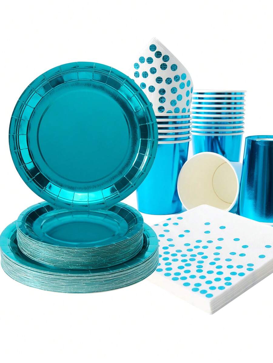 孔雀蓝一次性派对餐具套装，包括孔雀蓝盘子、杯子和餐巾，一次性纸杯、盘子和餐巾，适用于周年纪念、毕业典礼、生日派对装饰，孔雀蓝派对用品