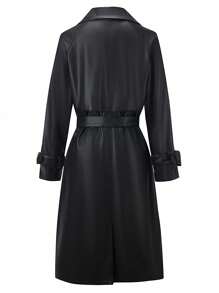 Risissida Women's Spring & Autumn PU Long Jacket, Fashionable Lightweight Windbreaker With Adjustable Waist Belt - Versatile Commuter Coat - Black - View 2