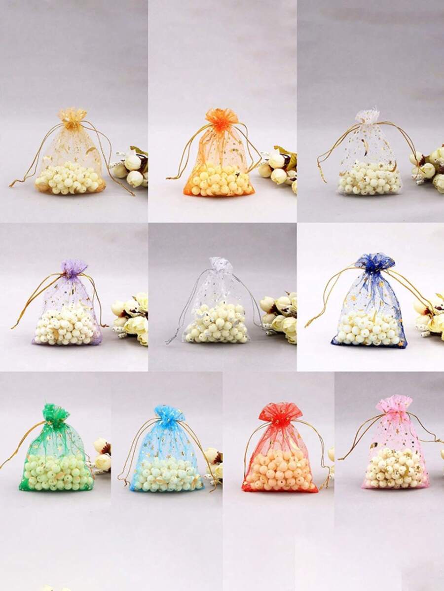 10pcs/Pack Organza Gift Bags With Golden/Silver Foil Star & Moon Print, Drawstring Jewelry/Cosmetic Pouches - Multicolor - View 1
