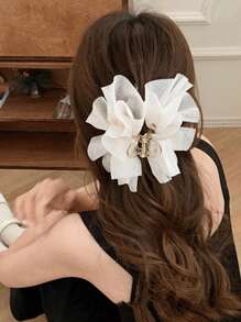 1 Pc Lace Tulle Bow Clip Hair Claw For Women, Large Clip For Updo Hair Clips Hair Jaw Clip Hair Clamps Hair Clutch Hair Catcher Clip Fall Winter Claw Clip Hair Accessories For Women For Vacation Outfits Woman - Beige Lace Bubble Grabber - View 2