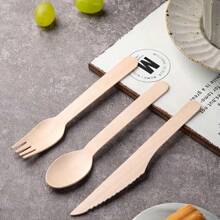 75/150/300 Sets Of Disposable Wooden Cutlery, 5.51 Inches Long, Including Spoons, Forks, And Knives (25 Pieces Per Set, 50 Pieces Per Set, 100 Pieces Per Set), Cake Dessert Ice Cream Spoons, Suitable For Birthday, Party Supplies, Christmas Gifts, Birthday Banquet Tableware, Graduation Season, Wedding And Home Decoration, Tableware, Kitchen Accessories And Home Kitchen Utensils / Disposable Tableware Sets