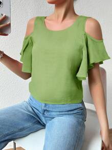 Blusa ribete con fruncido de hombros descubiertos - Verde - Ver 3