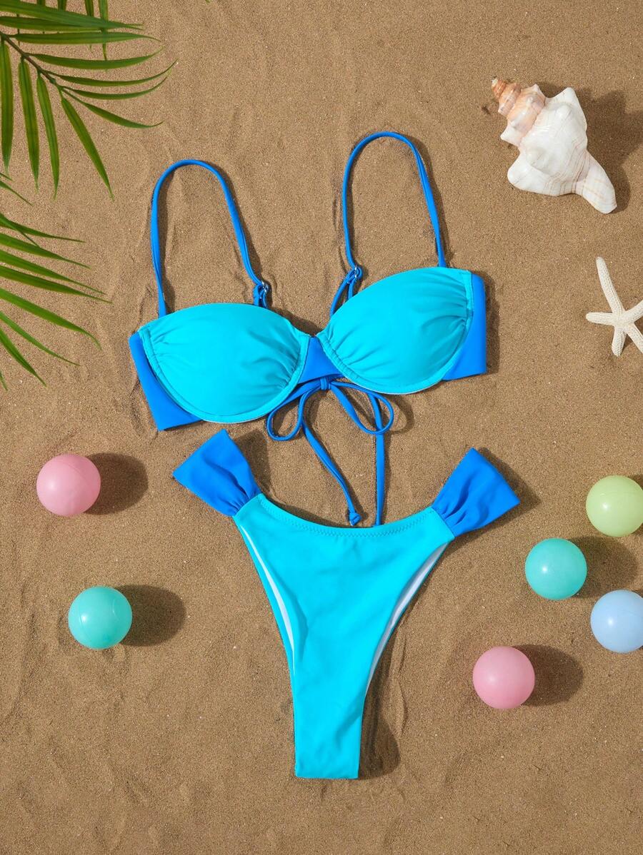 New Arrival Europe & America Style Solid Color Swimwear Two Pieces Bikini For Beach/Vacation - Blue - View 1