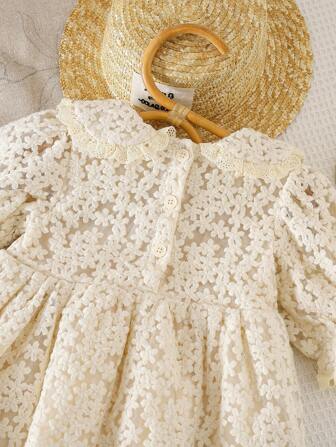 1pc Girls Embroidered Mesh Ruffle Collar Dress, Elegant Formal Short Sleeve Frock For Toddler & Little Girls, Suitable For Party, Birthday, Wedding