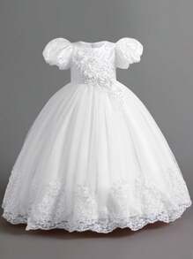 Young Girls Floral Embroidered Mesh Party Dress, Suitable For Banquet, Birthday Celebration, Does Not Include Headband - White - View 4