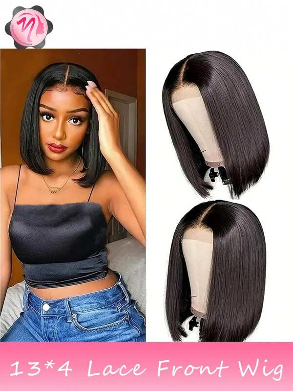 Pelucas mezcladas: una mezcla de cabello humano mezclado y cabello sintético con encaje frontal de 13*4, color negro natural con cabello humano mezclado con una densidad del 180% alrededor del cabello del bebé, línea del cabello natural pre-planchado, pre-cortado, pre-tirando, encaje transparente adecuado para todas las personas, no se enreda fácilmente para reuniones diarias y uso (pelucas bob de 6-16 pulgadas) cabello mezclado