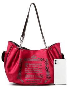 Anker 红色欧洲复古时尚链条肩带手提包，绒面革柔软字母印花优雅女士单肩托特包 - 酒紅色 - 查看 3