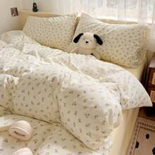 3pcs/4pcs Premium Washed Cotton Double Gauze Printed Bedding Set, Student Dormitory 3-Piece Set