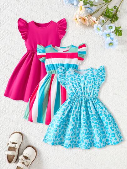3 Stücke/Set Mädchen Frühling/Sommer Süße Mode Rundausschnitt Kurze Puffärmel Kleider mit blauem Leopardenmuster, einfarbig rosa, weiß & blau gestreift