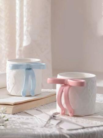 1 件现代简约陶瓷杯，罕见蝴蝶结设计陶瓷杯，高品质情侣早餐杯，咖啡/牛奶杯，网红拍照道具，适合闺蜜/情侣礼物，新婚夫妇，乔迁