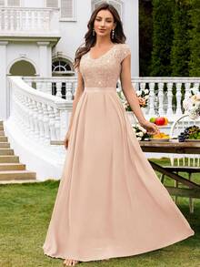 MIUSOL V-Neck Sequin Lace Short Sleeve Ruffle Hem Chiffon Maxi Dress, Elegant Women's Party Gown, Formal Evening Dress, Ball Gown, Suitable For Wedding Guests, Graduation Ceremony, Gala Dinner And Other Occasions, For Valentine's Day - Champagne - View 4