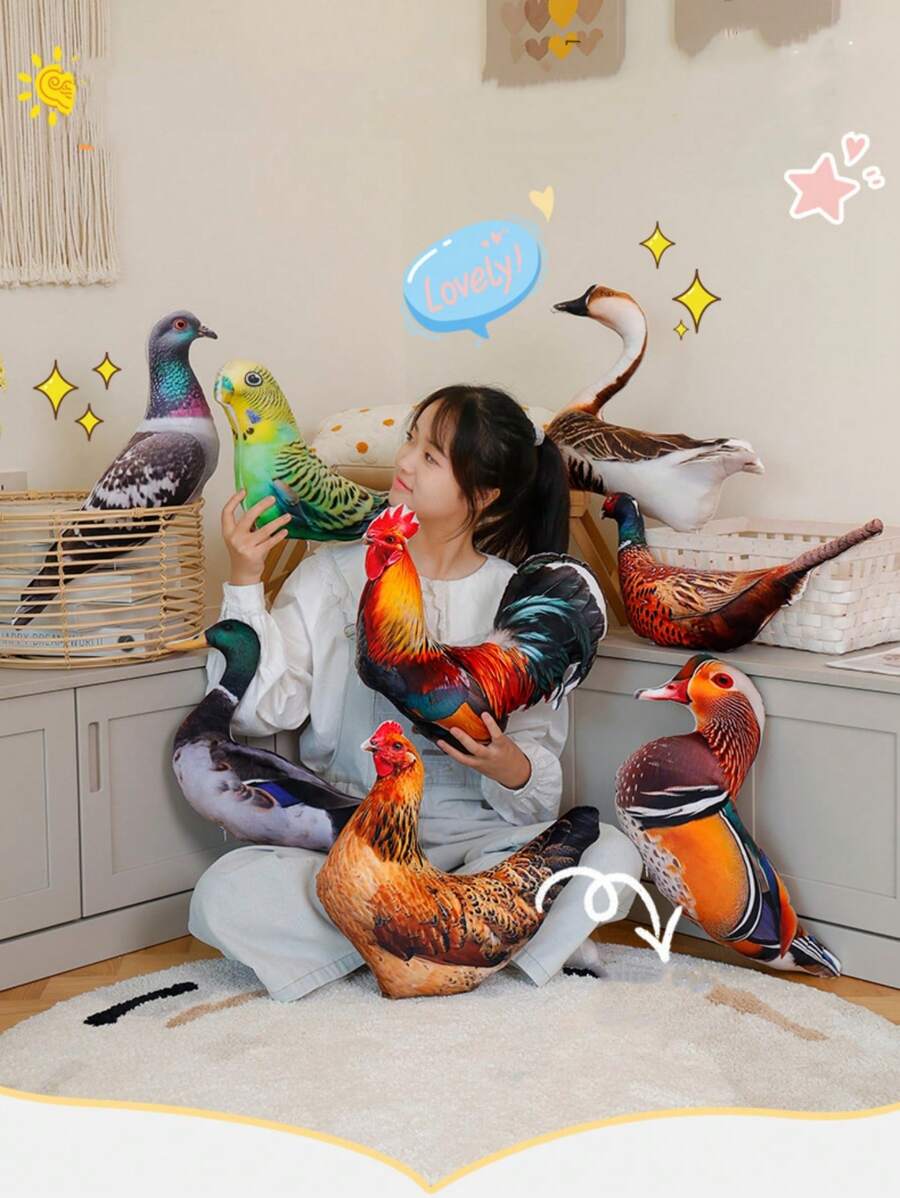 1PC仿真动物印花抱枕毛绒玩具新款鸽子鸭子鹅鹦鹉母鸡小鸟仿真动物枕头3D数码印花新款鸡鸭抱枕沙发垫 - 彩色 - 查看 1