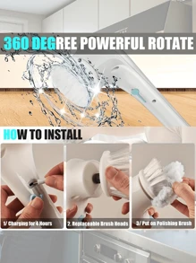Un cepillo de limpieza inalámbrico de mano con 5 cabezales de cepillo reemplazables con cabezales de cepillo giratorios para usar en baños, bañeras, azulejos de pared, suelos y cocinas.