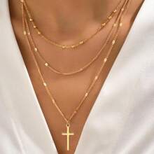 Three Pieces Set Of Simple And Fashionable Stacked Geometric Cross Necklace For Women, And Versatile Collarbone Chain - Gold - View 3