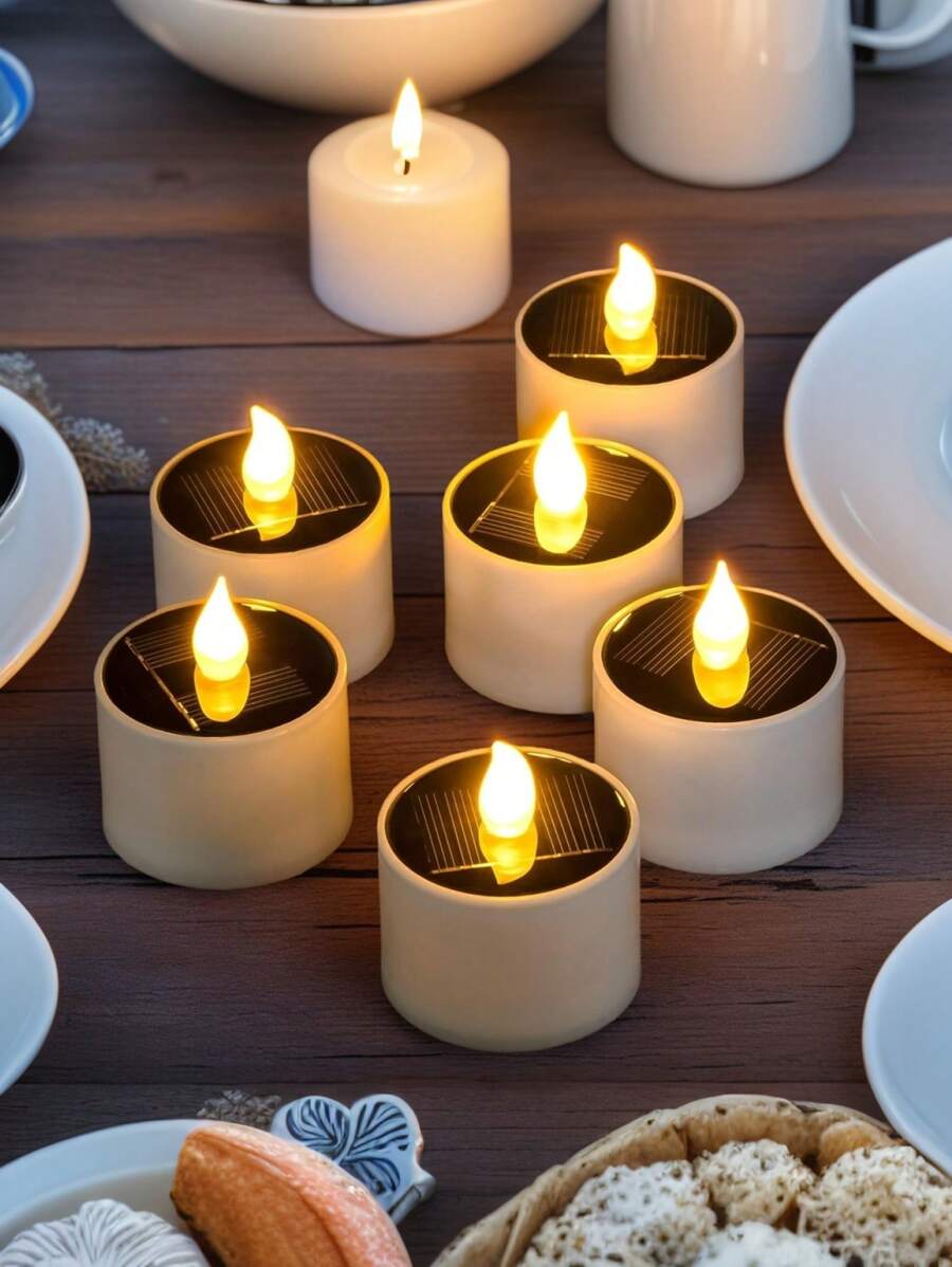 2/6pcs Solar Powered LED Candle Flickering Waterproof Tea Lights, Flameless Waterproof Candles Suitable For Patio, Garden, Wedding, Party, Christmas Decoration Gifts Birthday Graduation - White - View 1