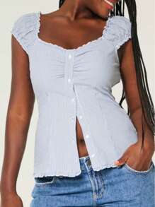 Französische süße taillierte sexy Bluse mit Puffärmeln, gestreifter Polyester mit Knopfverschluss und plissierter Verzierung, für Frühling/Sommer