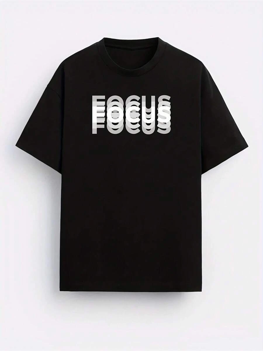 Camiseta unisex de cuello redondo con estampado de letras, ¡un imprescindible para entusiastas de! Diseño de enfoque degradado, estilo callejero súper genial. ¡Sencilla y versátil! - Negro - Ver 1