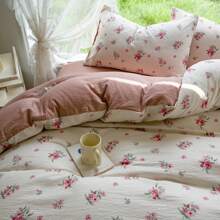 4 pièces Set de couette à fleurs ditsy fraîches - en polyester respirant, convient pour toutes les saisons, lavable en machine, fermeture éclair, comprend 1 couette, 1 drap plat, 2 taies d'oreiller - sans rembourrage, sans couette ni inserts d'oreillers, décoration de chambre, literie pour couple, lavable en machine