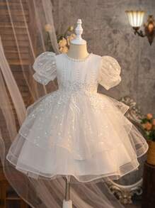 Tween Girls High-End White Puff Sleeve Pearl 3D Embroidery Flower Girl Wedding Dress, Colorful Butterfly Tulle Prom Birthday Party Princess Costume - White - View 2