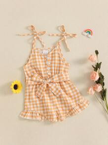 Little Girls Summer Cami Jumpsuit Sleeveless Button Up Ruffle Trim Plaid Overalls With Belt - Yellow - View 6