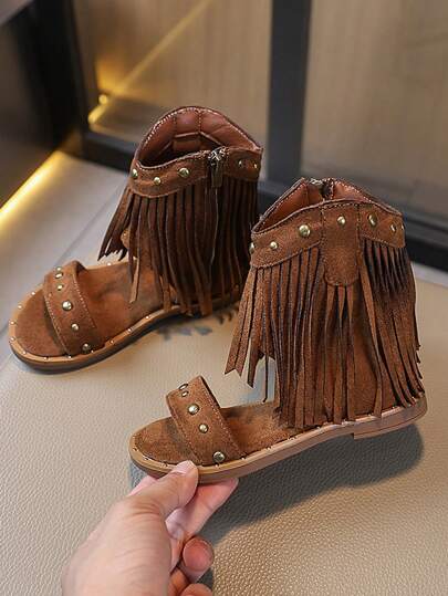 1 Pair Girls' Fashion Fringe Roman Sandals, Summer New Buckle Strap Roman Sandals In Siamese Style With Fringe, Children's Sandals 2025