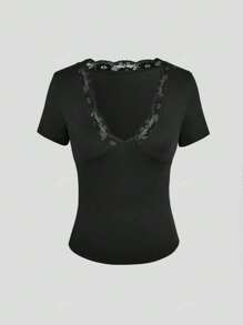 Women's Fitted Lace V-Neck Short Sleeve Fashionable Commuting Versatile Y2K Sexy Top, Spring/Summer