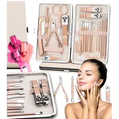 Set de manicura 23 en 1, elegante y portátil, con tijeras y cortaúñas de piel sintética. Set de manicura y pedicura profesional 23 en 1 de acero inoxidable, tijeras y kit de cuidado personal con estuche rosa de piel sintética para viajes y uso doméstico. Set de manicura y pedicura de 23 piezas, cortaúñas y tijeras y tijeras portátiles de acero inoxidable con estuche de piel sintética. Set de cuidado de uñas profesional para manos y pies. Kit completo para hombres y mujeres.